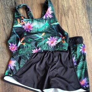 Tropical Floral Athletic Tankini Swim Set - Black & Green with Pink Flowers